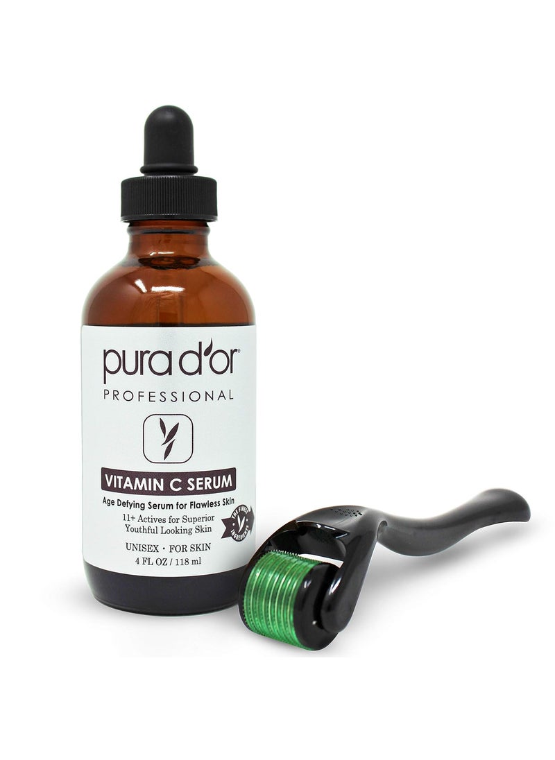 PURA DOR 25 Vitamin C Serum 4 Oz  025mm Derma Roller Set  Hyaluronic Acid  Retinol Microdermabrasion Skin Care Cosmetic Kit For Face  Eyes Dark Spots  For Men  Women