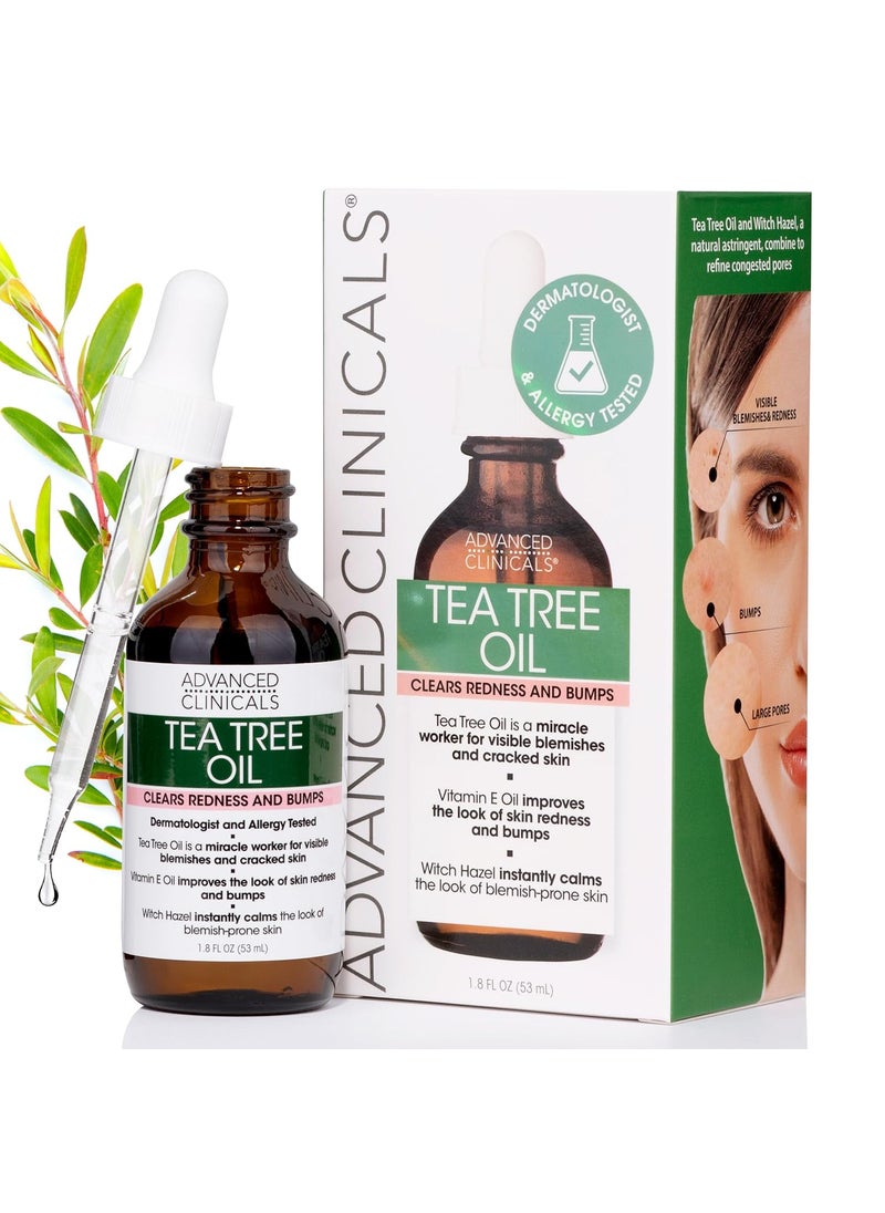 Advanced Clinicals Tea Tree Oil For Skin  Acne Patch Vegan Facial Serum  Targets Redness Bumps Acne Scars  Vegan 100 Organic Pure Tea Tree Oil For Face WVitamin E  Witch Hazel 18 Fl Oz