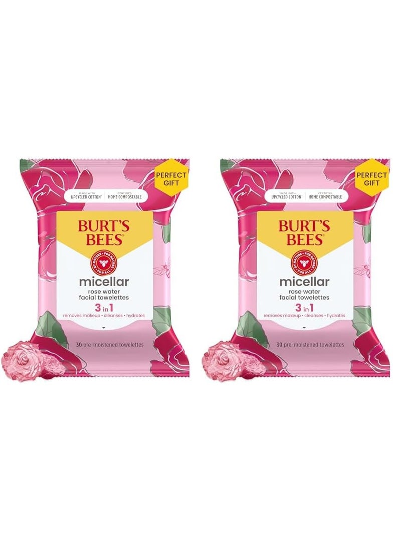 Burts Bees Micellar Facial Towelettes With Rose Water PreMoistened Towelettes for All Skin Types 995 Percent Natural Origin Skin Care 30 ct Package Pack of 2