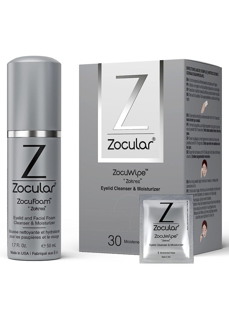 ZocuFoam Eyelid Cleanser and ZocuWipe Eyelid Wipes Bundle  Eye Care for Dry and Irritated Eyes  30 ct