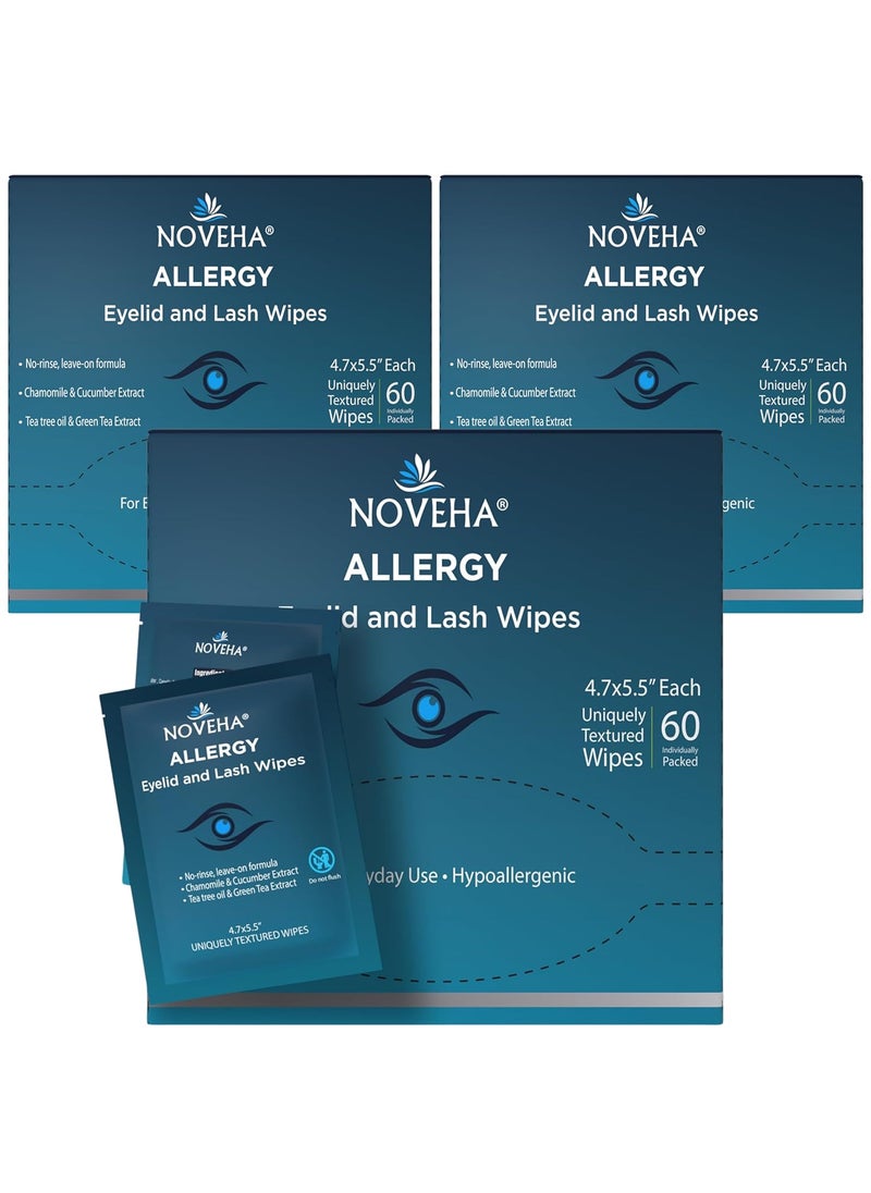 NOVEHA 180Pcs Allergy Relief Eyelid Wipes  Premoistened Hypoallergenic Eye Cleansing Pads Reduce Itchiness Redness  Discomfort Caused By Allergy Clean Soothe  Remove Debris 3 Pack