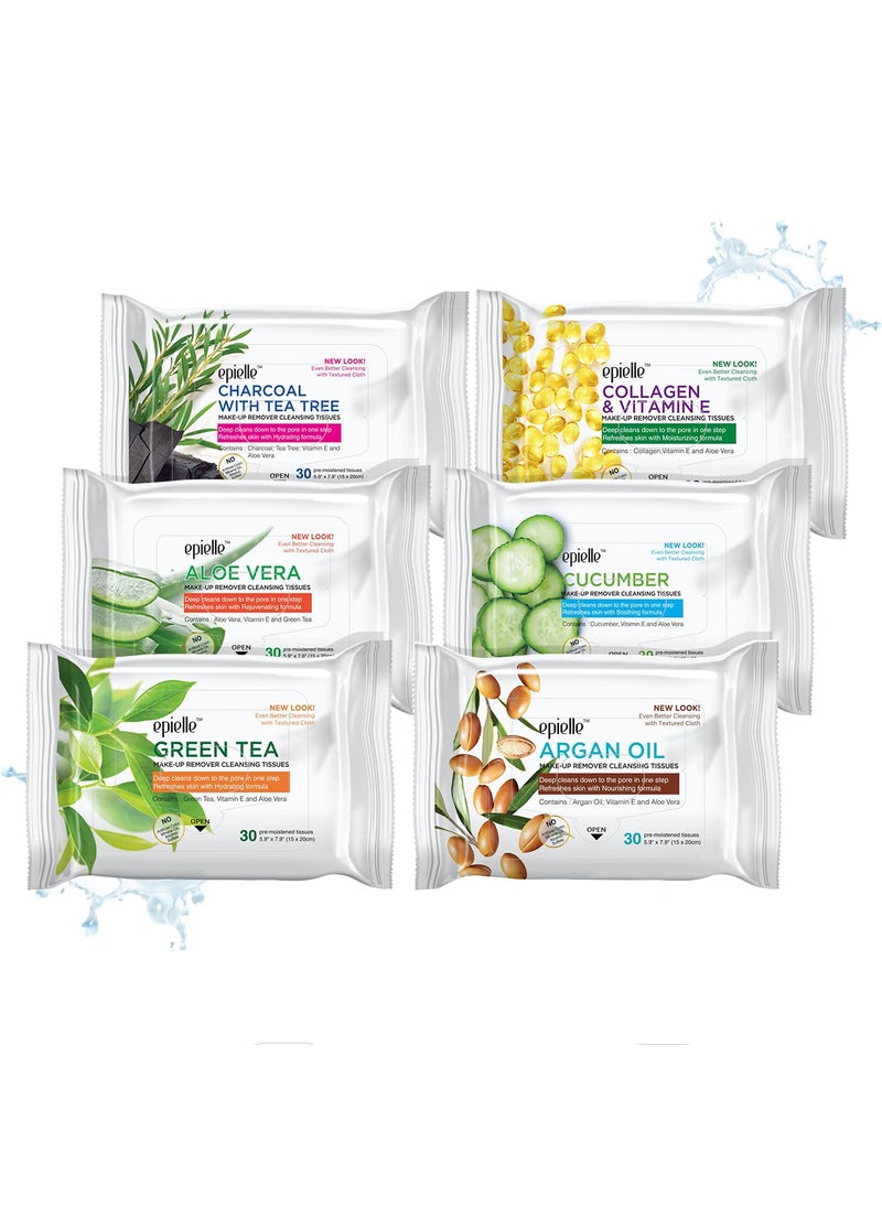 Epielle New Makeup Remover Cleansing Wipes Tissue Gentle for all Skin Types Removes Dirt Oil Makeup  Charcoal Collagen Aloe Cucumber Green Tea Argan Oil 30 Count Assorted Pack of 6