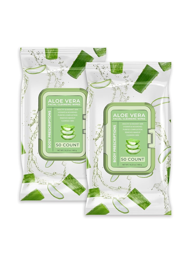 Body Prescription Makeup Cleansing Wipes  Gentle and Effective Face Wipes 50 Count Pack of 2 Aloe Vera