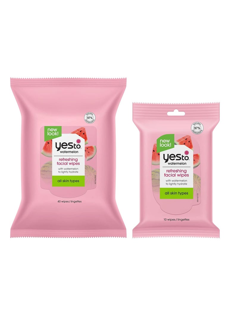 Yes To Watermelon Refreshing Facial Wipes Bundle Hydrating Formula That Leaves Skin Refreshed Brighter  Smoother With Antioxidants  Aloe Natural Vegan  Cruelty Free 40 Count  10 Count 2 Piece Set