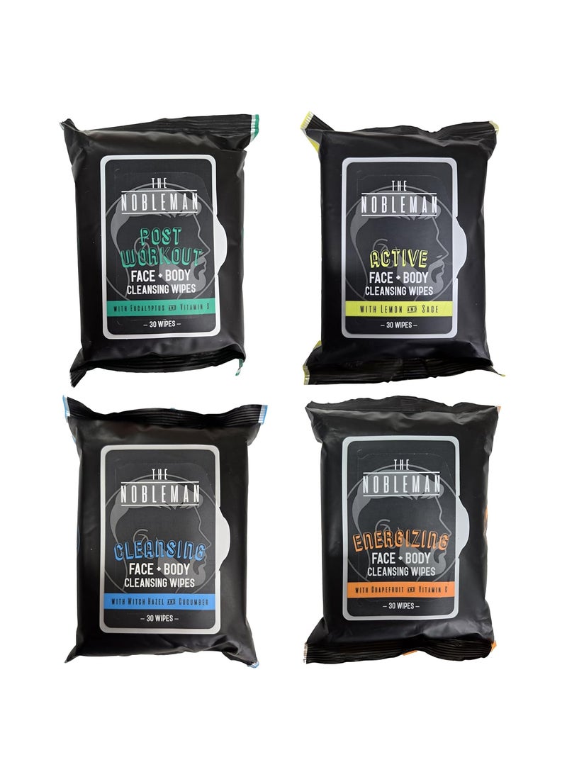 The Nobleman 4Pack Face  Body Aloe Infused Cleansing Wipes Post Workout with Eucalyptus Active with Lemon and Sage Cleansing with Witch Hazel and Cucumber Energizing with Grapefruit 120 Ct