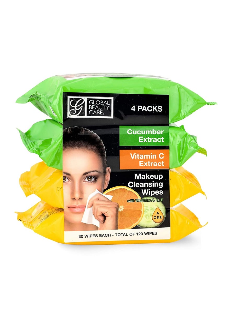 Global Beauty Care Cucumber Extract  Vitamin C Makeup Cleansing Towelettes for All Skin Types Hydrating Brightening Nourishing and Soothing Packed with 3 Vitamins A C  E 120 Ct Wipes 4 Pack