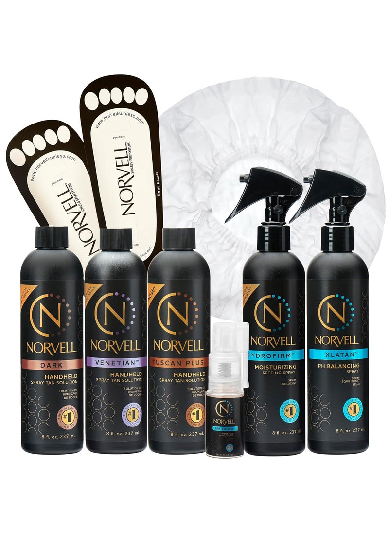 Norvell Spray Tan Starter Pack  Complete Sunless Tanning Kit with Professional Tanning Solutions Pre and PostTan Care Neat Feet Hair Caps and Drying Powder