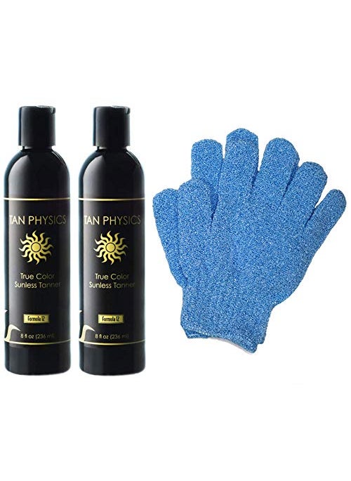 Tan Physics Sunless Tanner 8oz Pack of 2 with Exfoliation Gloves  Self Tanning Lotion  Instant Tanning Lotion for Face  Body  Natural Self Tanner for a StreakFreeLongLasting Glow