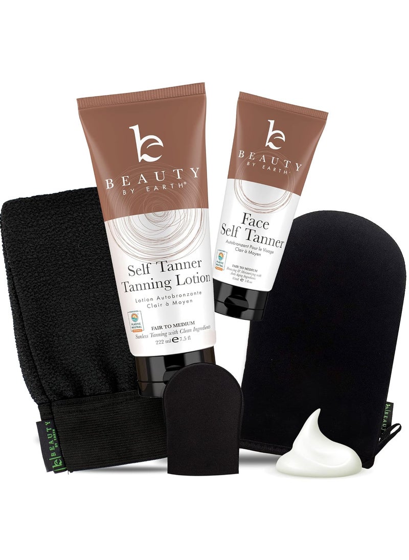 Tanning Lotion Self Tanner Kit  USA Made with Organic  Natural Ingredients Self Tanning Lotion Face Tanner  Application Kit Non Toxic Gradual Tan Sunless Tan for Women  Men