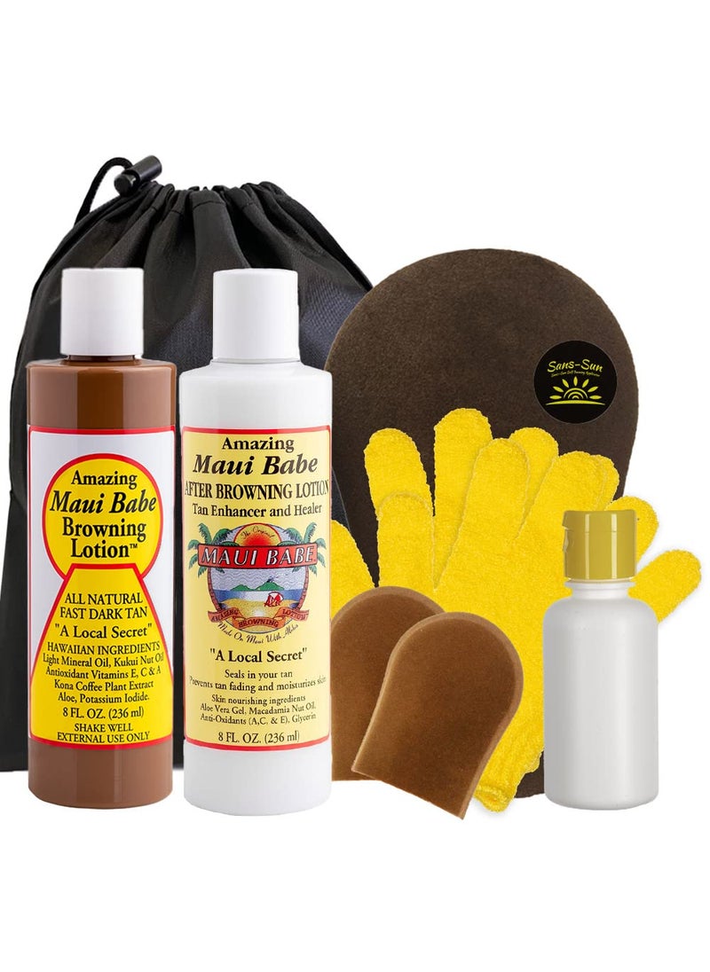 Maui Babe Browning Lotion 8oz  Maui Babe After Browning Lotion 8oz 9 Pc Deluxe Maui Babe Package Outdoor Tanner  After Sun Enhancer Lotion Kit with Tanning Mitts Travel Bottle Draw String Bag
