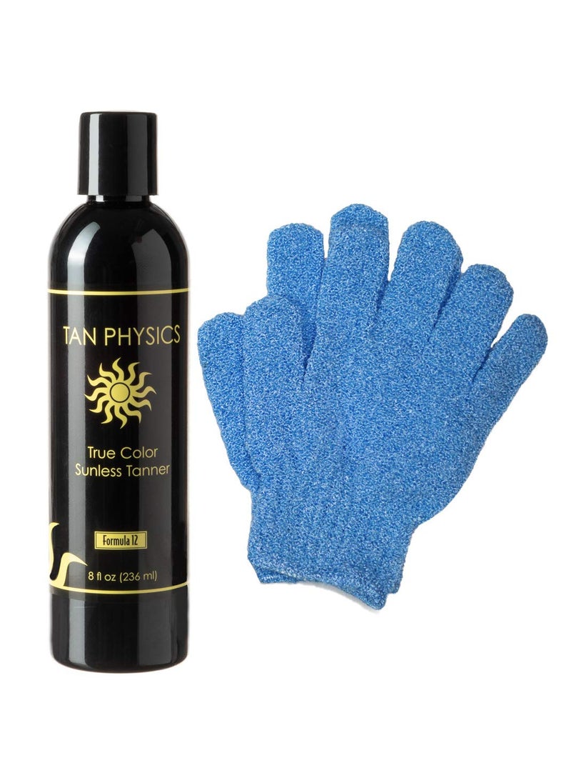 Tan Physics Sunless Tanner 8oz with Exfoliation Gloves  Self Tanning Lotion  Instant Tanning Lotion for Face  Body  Natural Self Tanner for a StreakFree LongLasting Glow