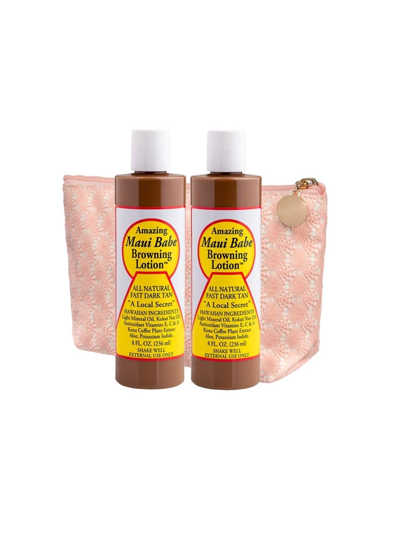 Maui Babe Browning Lotion  Outdoor Tanning Lotion 8 ounce Pack of 2 with Makeup Bag  Amazing Maui Babe Suntan Lotion  Tanning Formula Sun Lotion