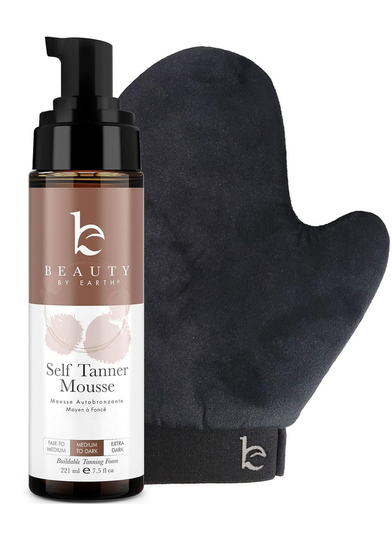 Self Tanner Tanning Mousse Kit  USA Made with Natural  Organic Ingredients Self Tanner Mousse and Mitt Tan Kit Fake Tan Tanning Foam Medium to Dark Sunless Tanners Best Sellers