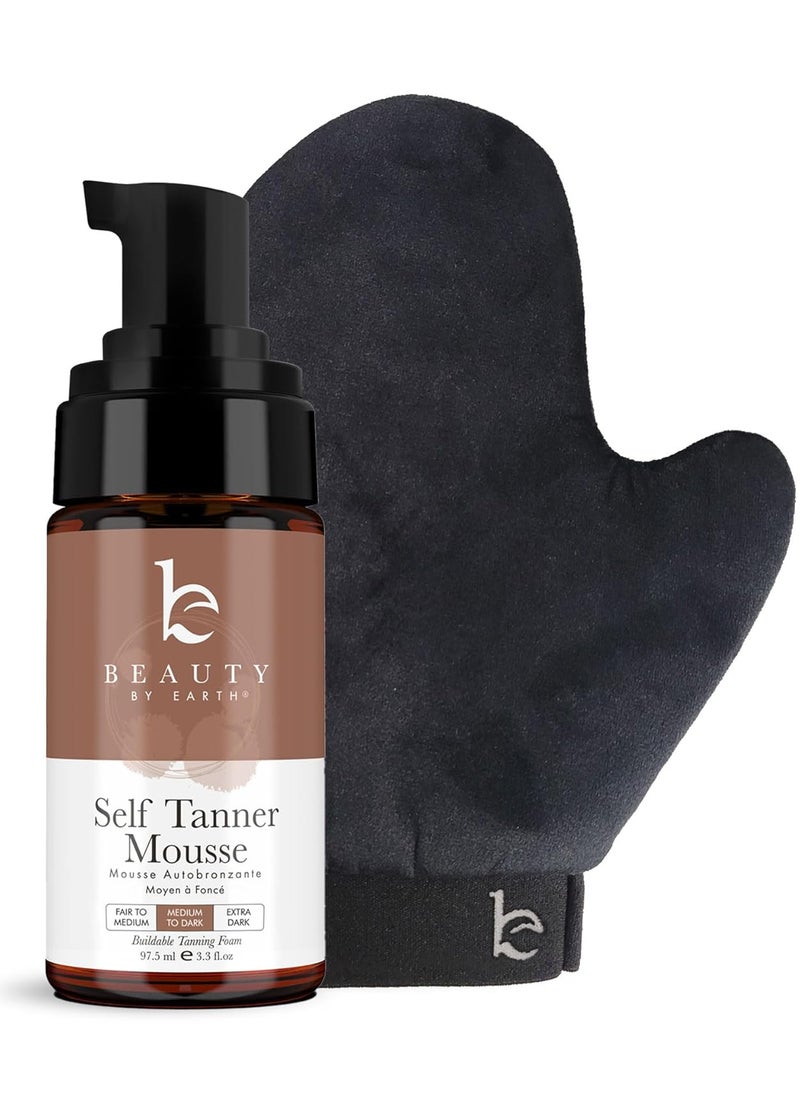 Self Tanner Tanning Mousse Kit  USA Made with Natural  Organic Ingredients Self Tanner Mousse and Mitt Tan Kit Fake Tan Tanning Foam Medium to Dark Sunless Tanners Best Sellers