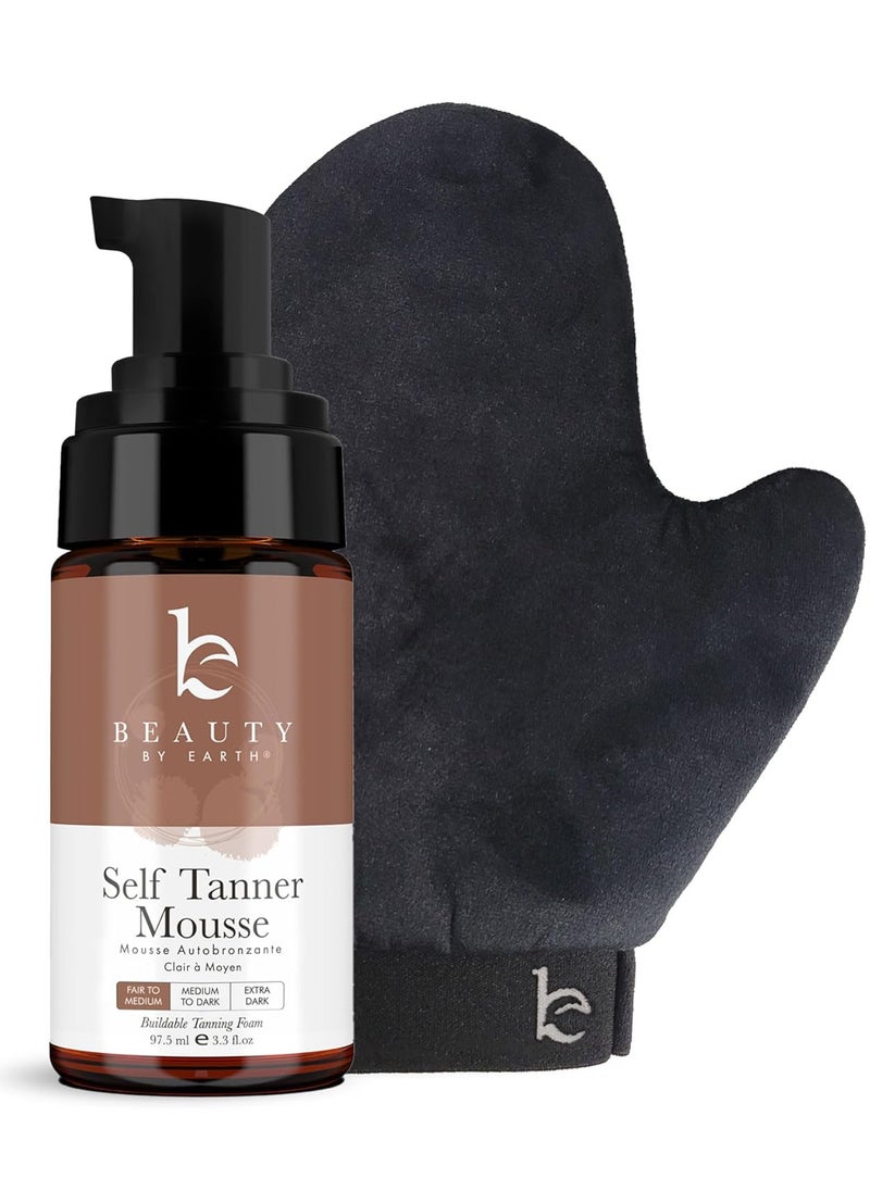 Self Tanner Tanning Mousse Kit  USA Made with Natural  Organic Ingredients Self Tanner Mousse and Mitt Tan Kit Fake Tan Tanning Foam Fair to Medium Sunless Tanners Best Sellers