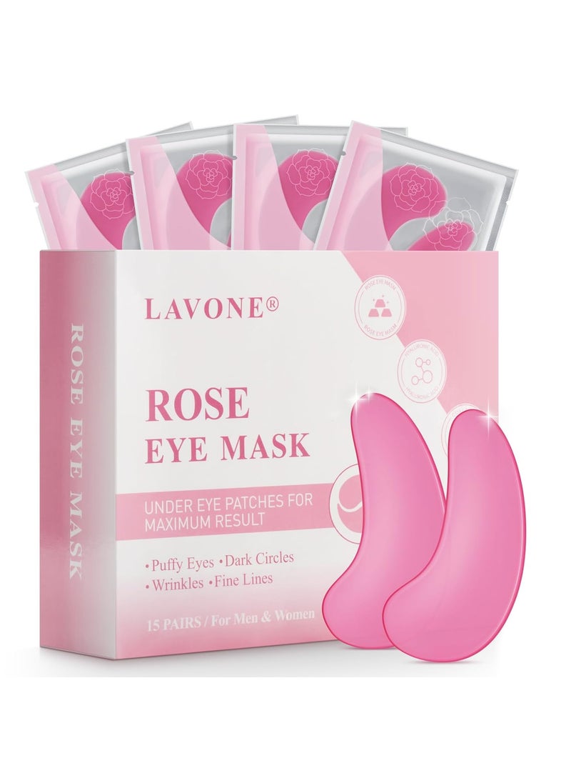 Eye Mask  15 Pairs Rose Under Eye Patches Skin Care Products  Eye Masks Skincare for Dark Circles and Puffiness Reduce Wrinkles Eye Bags and Fine Lines for Women and Man with Hair Clips