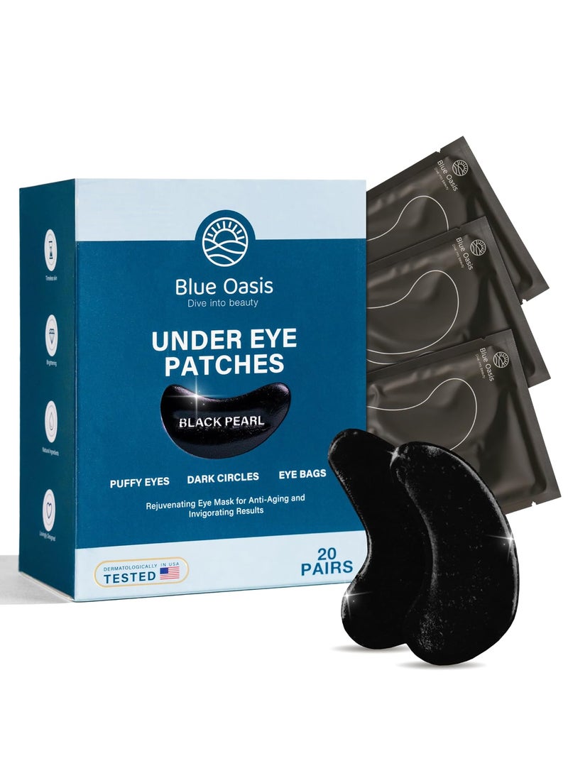 Blue Oasis Under Eye Patches for Puffy Eyes and Dark Circles  20 Pairs Brightening Black Pearl Hyaluronic Acid and Collagen Eye Care Gel Pads Relaxing Self Care and Home Spa Gifts for Women