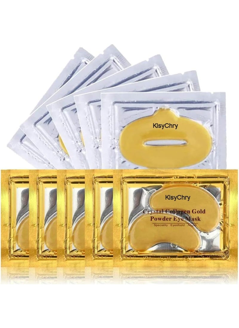 24K Gold Gel Crystal Collagen Lip and Eye Mask 5 Pairs Gold Eye Mask Patches and 5 Pcs Gold Lip Mask Pads for Moisturizing Anti Wrinkle Anti Aging Hydrating Lips and Eyes