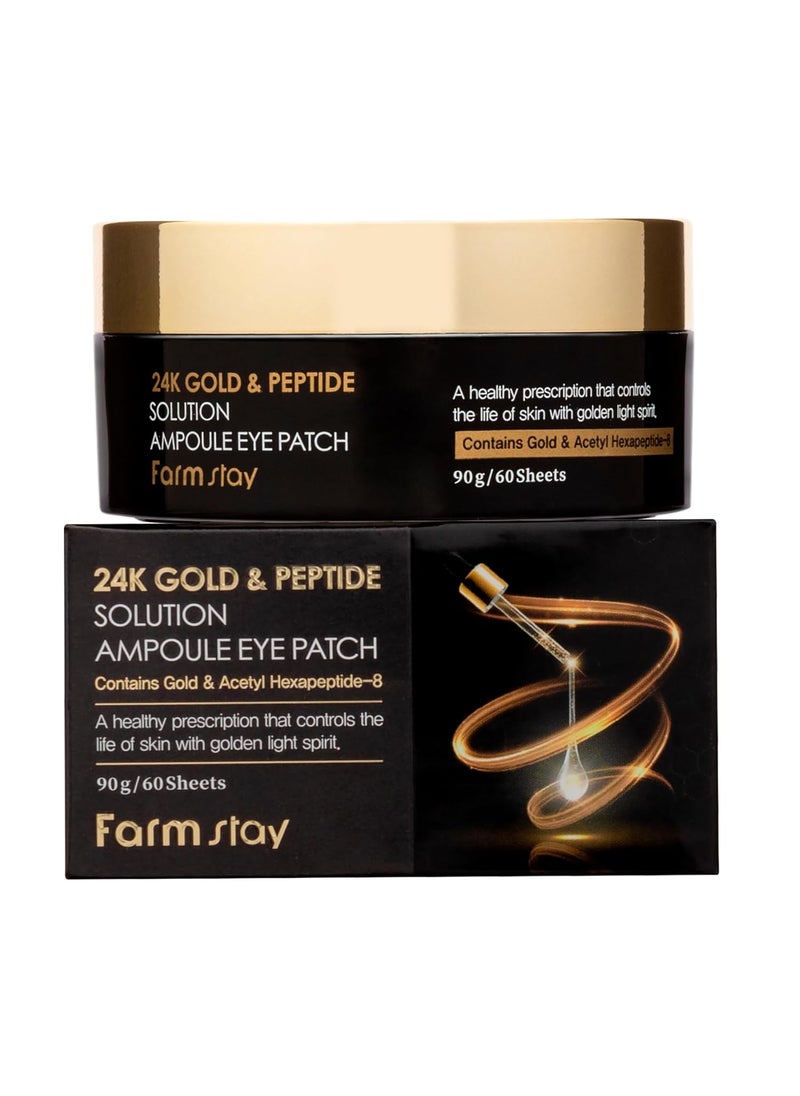 FARMSTAY 24K Gold and Peptide Solution Ampoule Eye Patch  Under Eye Patches for Wrinkles  Improves Skin Elasticity  Brightens Dark Circles  60 pc