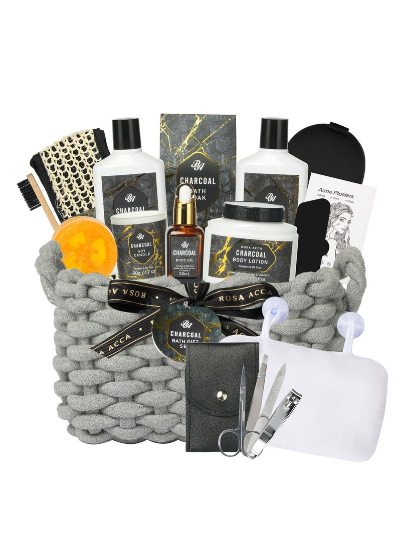 Gift Set for Men  Women 15pcs Spa Basket Set Bamboo Charcoal Scented includes Body Wash Bubble Bath Bath Soak Manicure Set Gifts for Daddy Birthday Gifts for men Home Spa Kit Gift for him