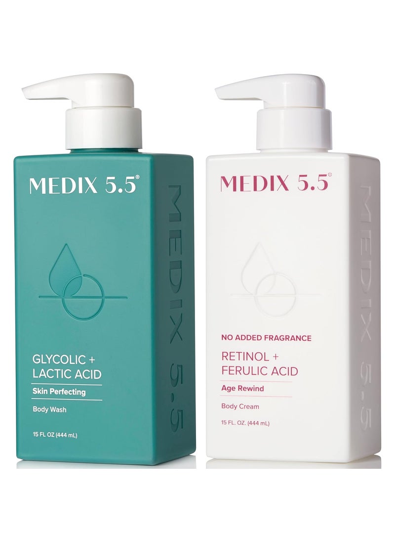 Medix 55 Exfoliating Glycolic Acid Body Wash  Face Wash  Fragrance Free Retinol Body Lotion Skin Care Set Crepey Skin Care Treatment Lactic Acid Foaming Wash For KP Bumps Keratosis Pilaris