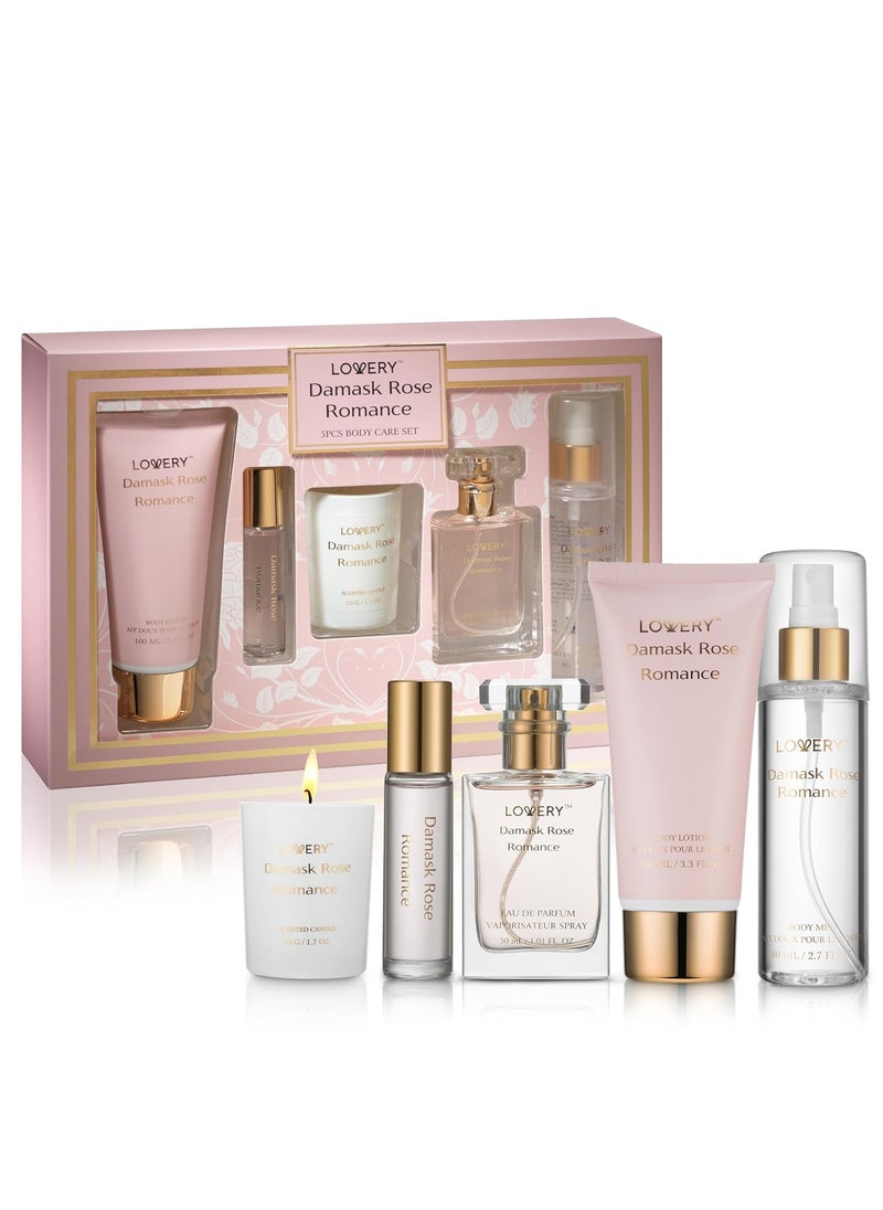 Womens Gifts Birthday Gifts for Mom Self Care Gifts for Women Damask Rose Romance Spa Kit with Soy Candle Perfume Roll On Body Lotion Body Mist  Eau de Parfum  Bath  Body Care Set