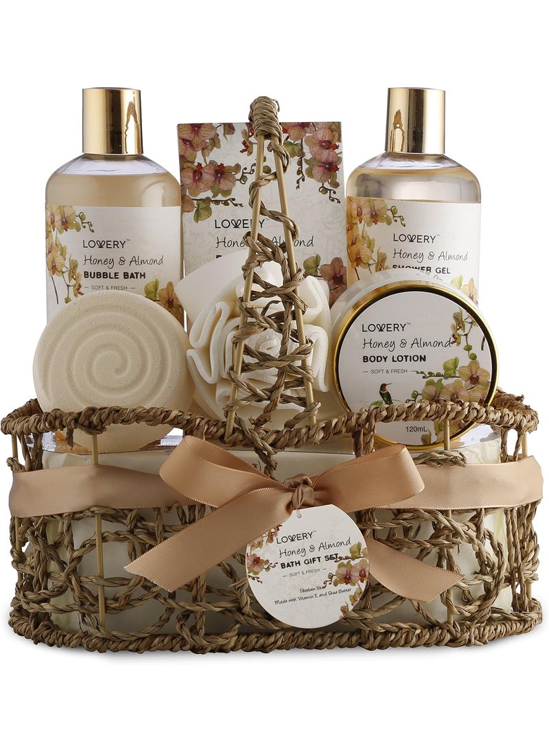 Womens Gifts Gift Baskets for Women Who Have Everything Home Spa Honey  Almond Scent Luxury Bath  Body Set  Shower Gel Bubble Bath Body Lotion Salts Bath Bomb Bath Puff  Handmade Basket