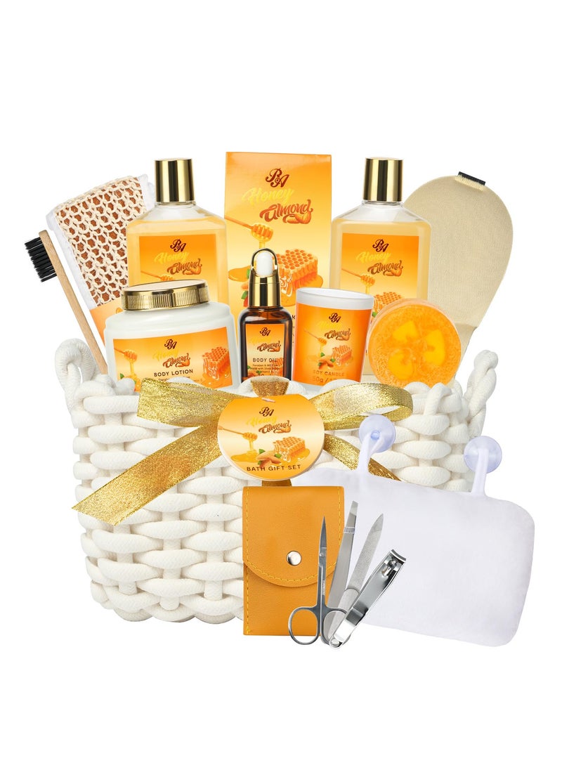Spa Gift Set for Women 13pcs Spa Basket Set Honey Almond Scented includes Body Wash Bubble Bath Bath Soak Manicure Set Gifts for Mom Birthday Gifts for women Home Spa Kit Gift for Her