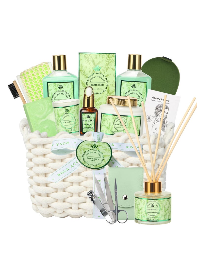 Christmas Gift Set Spa Gift Set for Women 15pcs Spa Basket Set Tea Tree Scented includes Body Wash Bubble Bath Bath Soak Manicure Set Gifts for Mom Birthday Gifts for women