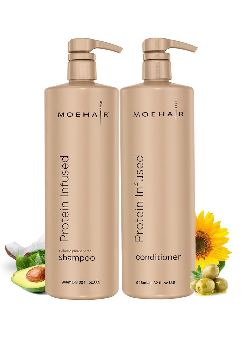 MOEHAIR Protein Infused Shampoo and Conditioner Set for Dry  Damaged Hair  Strengthens Hair Fiber  Sulfate  Paraben Free  Adds Shine Softens  Hydrates Hair 32 Fl Oz