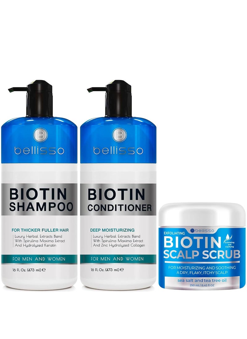 BELLISSO Biotin Shampoo and Conditioner Set and Biotin Scalp Scrub