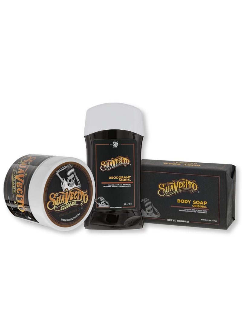 Suavecito Pomade Signature Scent Essentials Bundle Hair Styling Pomade Aluminum Free Deodorant Moisturizing Body Soap