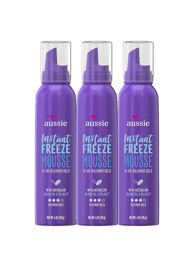 Aussie Mousse with Jojoba  Sea Kelp Instant Freeze 24 Hour Hold 6 fl oz Triple Pack