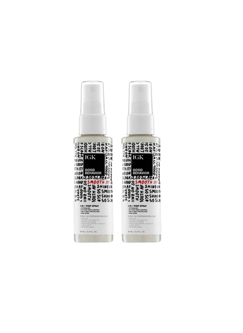 IGK GOOD BEHAVIOR 4in1 Prep Spray Travel Size  Gently Detangles Controls Frizz for 24 Hours Heat Protection  Shine  Weightless Formula for Smooth Hair  20 Fl Oz Pack of 2