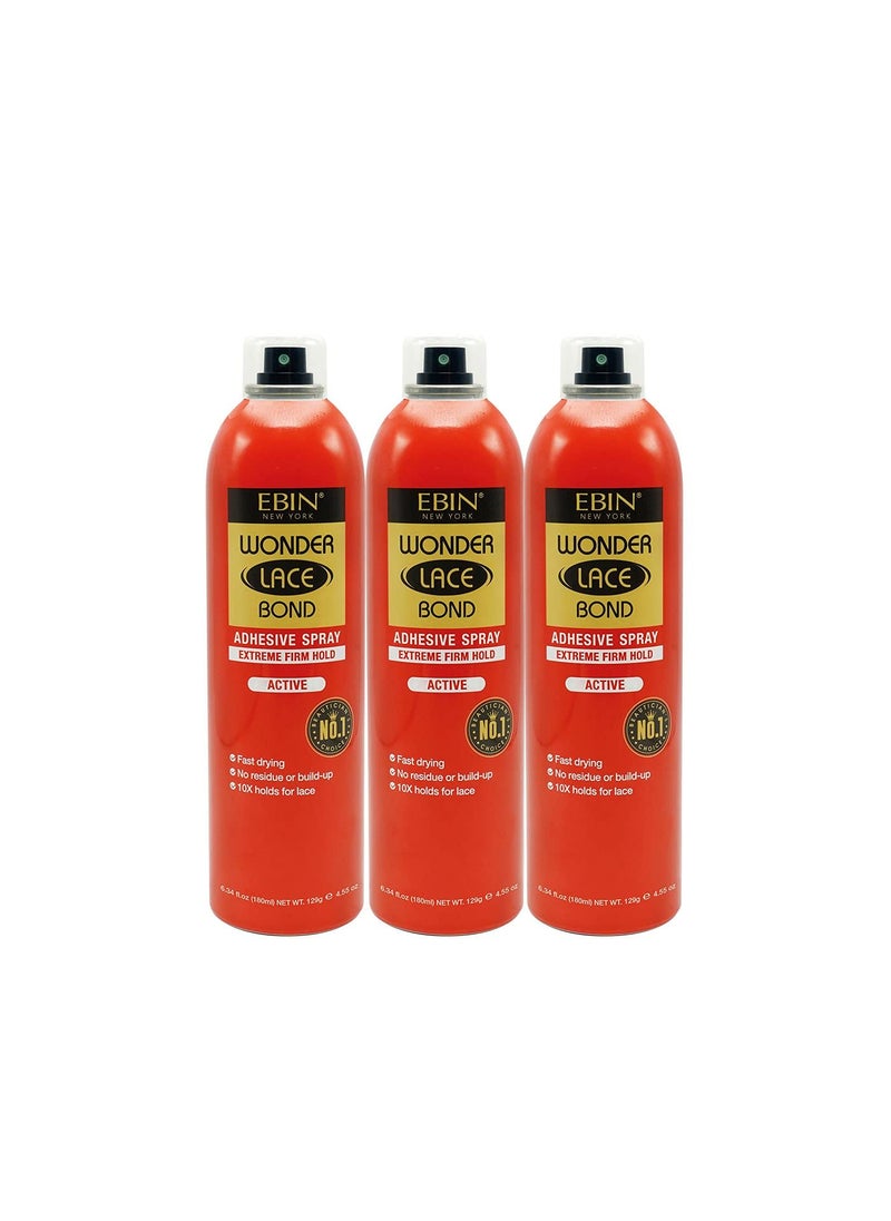 EBIN NEW YORK Wonder Lace Bond Adhesive Spray Active 3Pack  Extreme Firm Hold 608oz180ml  Active Use Fast Drying No Residue No BuildUp  AllDay Hold for Daily Wig Application