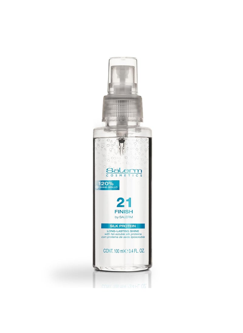 SALERM  Illuminating Hair Spray  Salerm 21 Finish  100 ml  with Silk Proteins  Final Illuminating Touch  Hydrates and Adds Shine to Hair  Immediate Result  Heat Protector