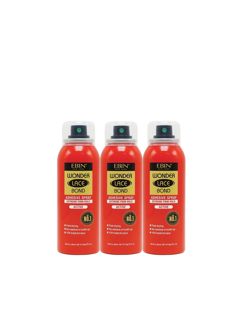 EBIN NEW YORK Wonder Lace Bond Adhesive Spray Active 3pack  Extreme Firm Hold 27oz 80ml  Active Use Fast Drying No Residue No Buildup Powerful Hold AllDay Hold Daily Wig Application