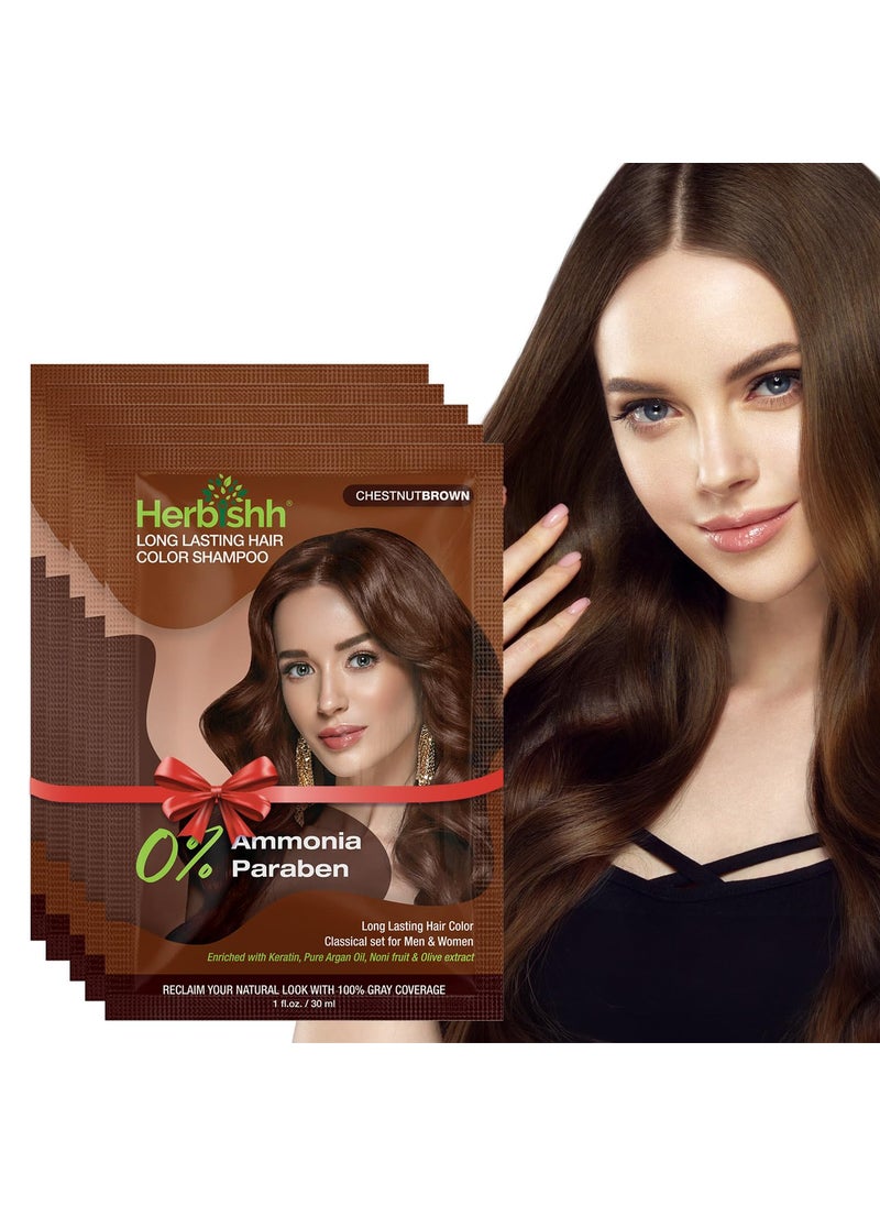 Herbishh Travel Pack Hair Dye Color Shampoo in Sachet  1pc Argan Hair Mask Sachet Chestnut brown 5 sachets