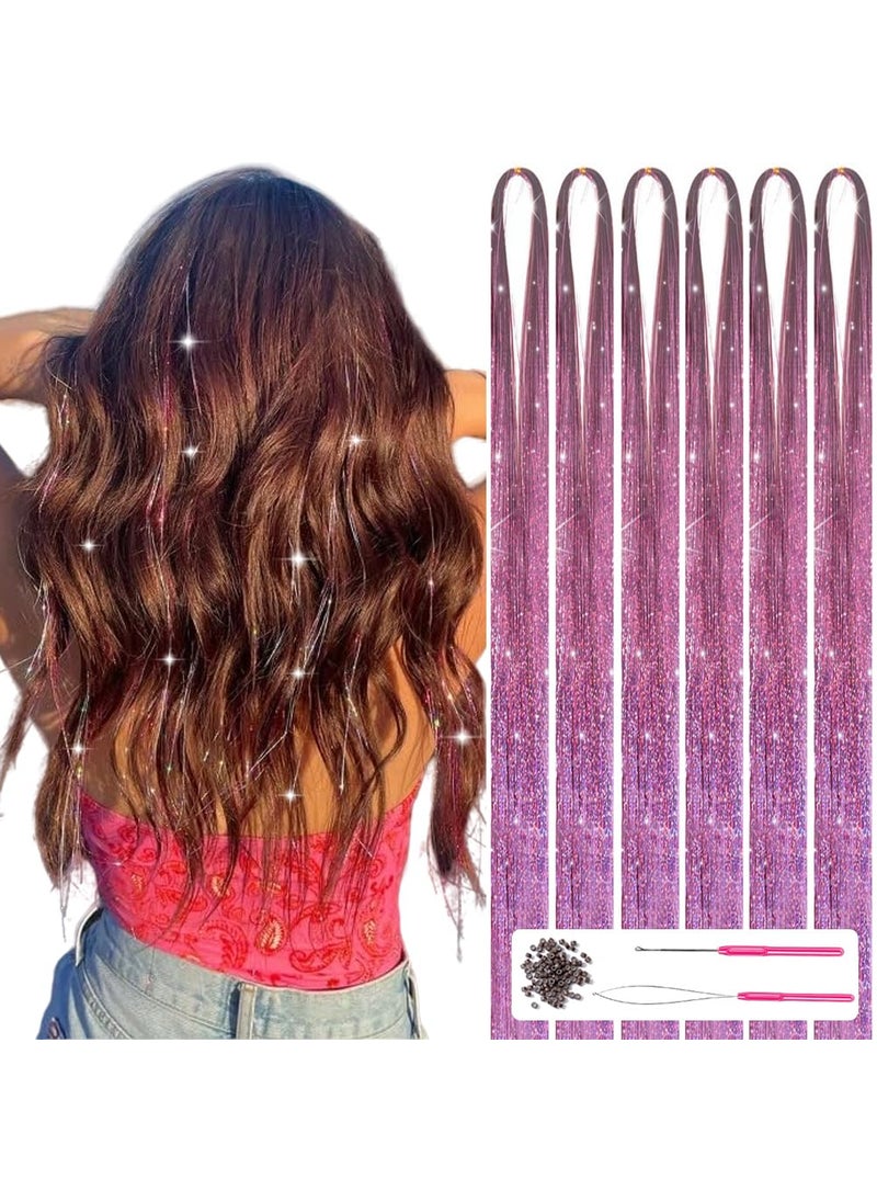 Hair Tinsel with Tools 47Inch 1200 Strands Hair Tinsel Kit Glitter Hair Extensions Sparkling Shiny Hair Extensions Fairy Hair Tinsel Strands Kit Heat Resistant for Women Girls 6Pcs Pink