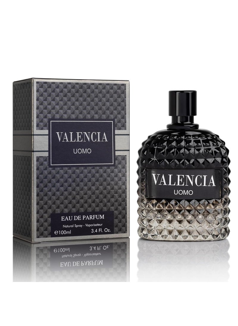 Valencia UOMO for Men Eau De Parfum  Woody Aromatic Fragrance  Floral Twist Blended with a Cool Facet of Mineral Notes  Salt  Edgy yet Masculine Scent  Cologne or Everyday Use  100ml Bottle