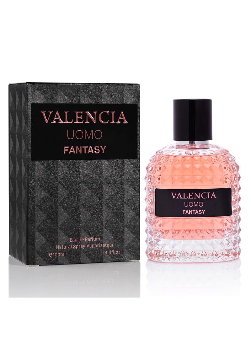 Valencia UOMO Fantasy Men EDP  Spicy  Woody Fragrance  Top Notes of Sweet Red Apple Cardamom  Calabrian Bergamot  Base Scent of Warm Tobacco Leaf Patchouli  Vetiver  Elegant 100ml Bottle
