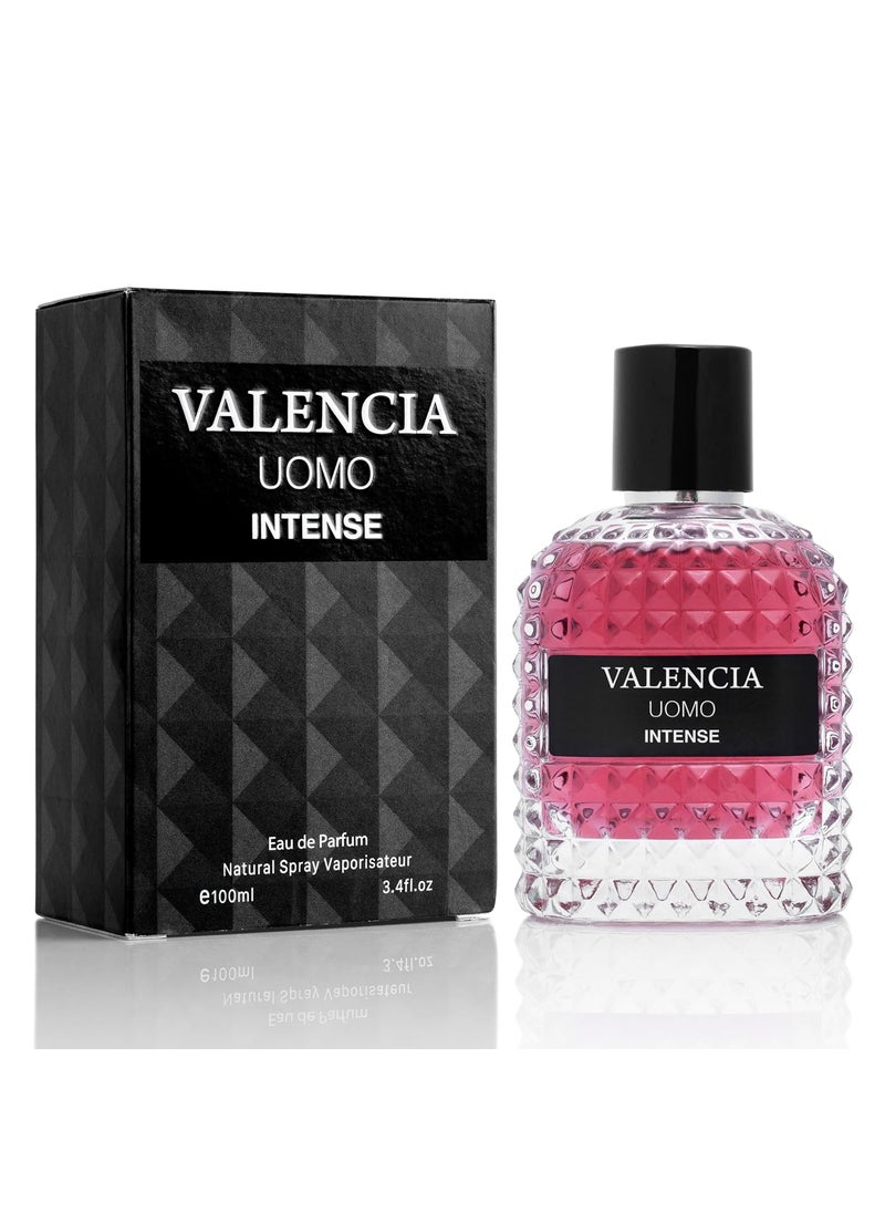 Valencia UOMO Intense for Men Eau De Parfum  Amber Fougere Fragrance Top Notes of Vanilla Bourbon Mid Tone of Lavandin Create Spicy  Woody Aroma  Base Scent of Smoked Vetiver Elegant 100ml Bottle