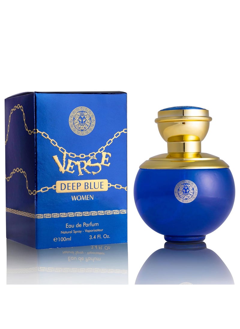 Verse Deep Blue for Women EDP 34 fl Oz Floral Fruity  Woody Accords  Top Notes of Apple Black Currant  Clover Base Scent of Styrax White Smooth Wood Patchouli  Musk  Elegant 100ml Bottle