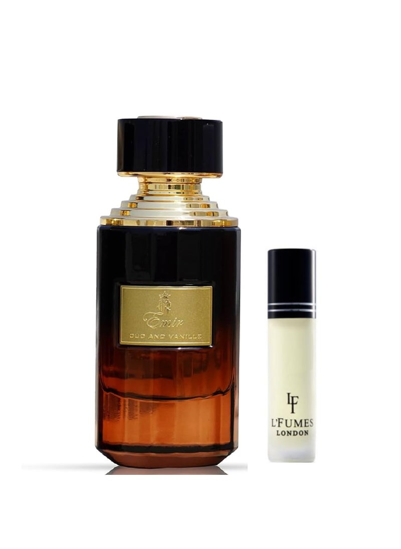 Paris Corner OUD AND VANILLA EMIR Perfume EDP 25Fl Oz with 8ml LFumes RollOn Layering Perfume Oil UNISEX  EDP and Oil Combo