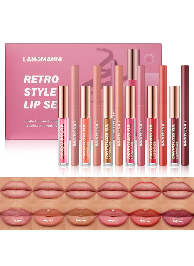 LANGMANNI 6 Matte Lip Liner With 6 Nourishing Lip Oil Lip Gloss Set LongLasting And Hydrating 2 IN 1 Makeup Set Beauty Daily Cosmetics Gift for Girls
