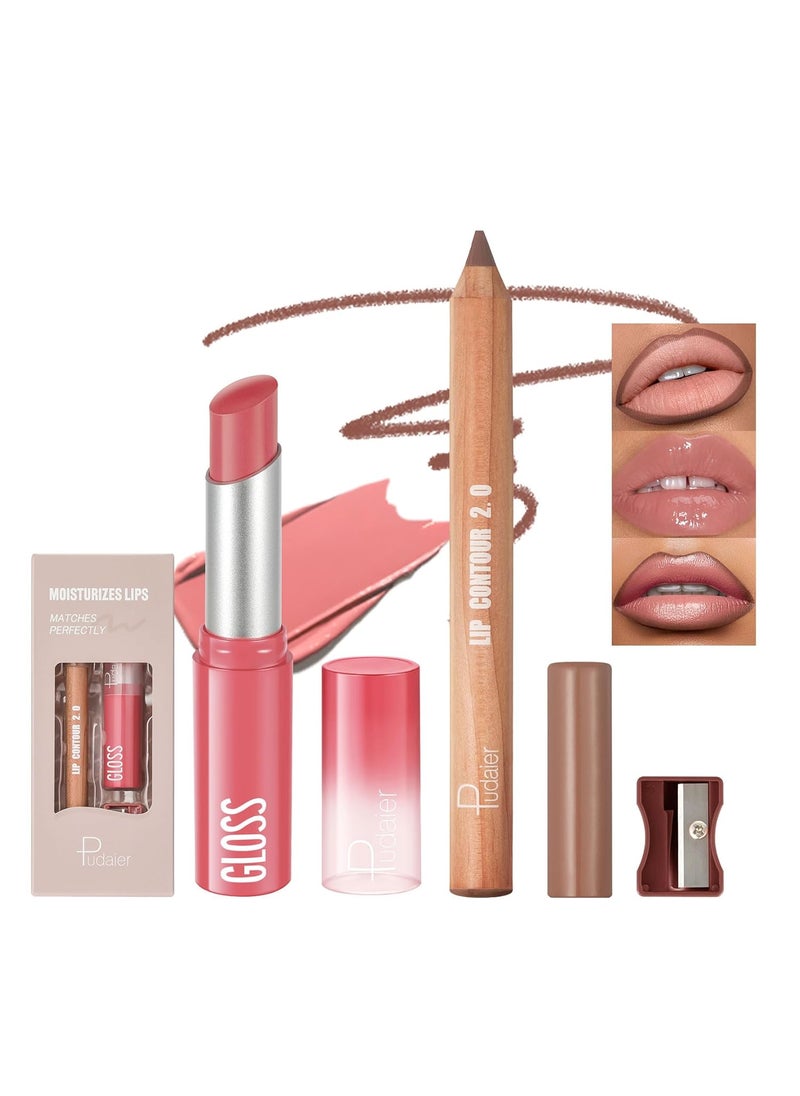 2Pcs Lip Liner and Lipstick Combo Highly Pigmented Lip Liner and Lipstick Set for women Long Lasting Matte Lip Pencil and Hydrating Lip Balm Lip Gloss Makeup Kits with Sharpener