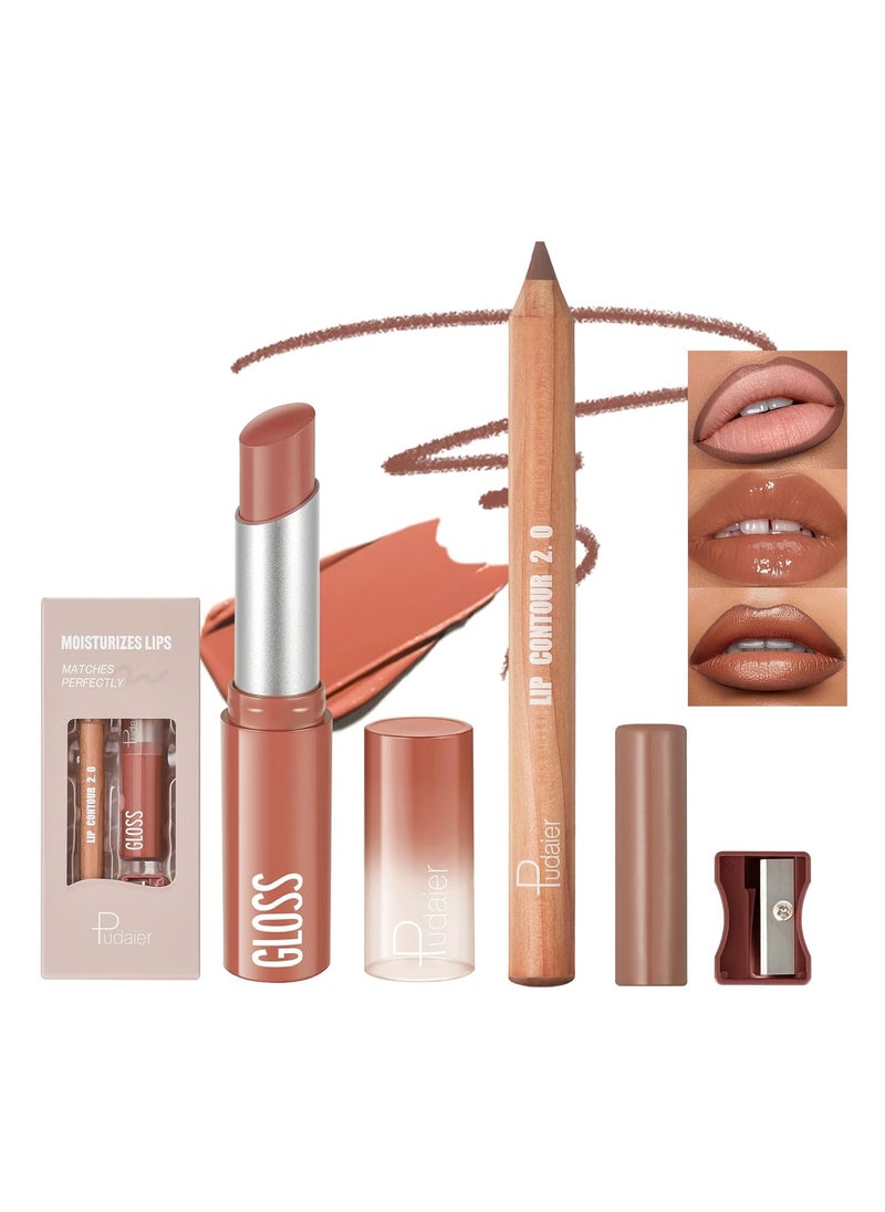2Pcs Lip Liner and Lipstick Combo Highly Pigmented Lip Liner and Lipstick Set for women Long Lasting Matte Lip Pencil and Hydrating Lip Balm Lip Gloss Makeup Kits with Sharpener