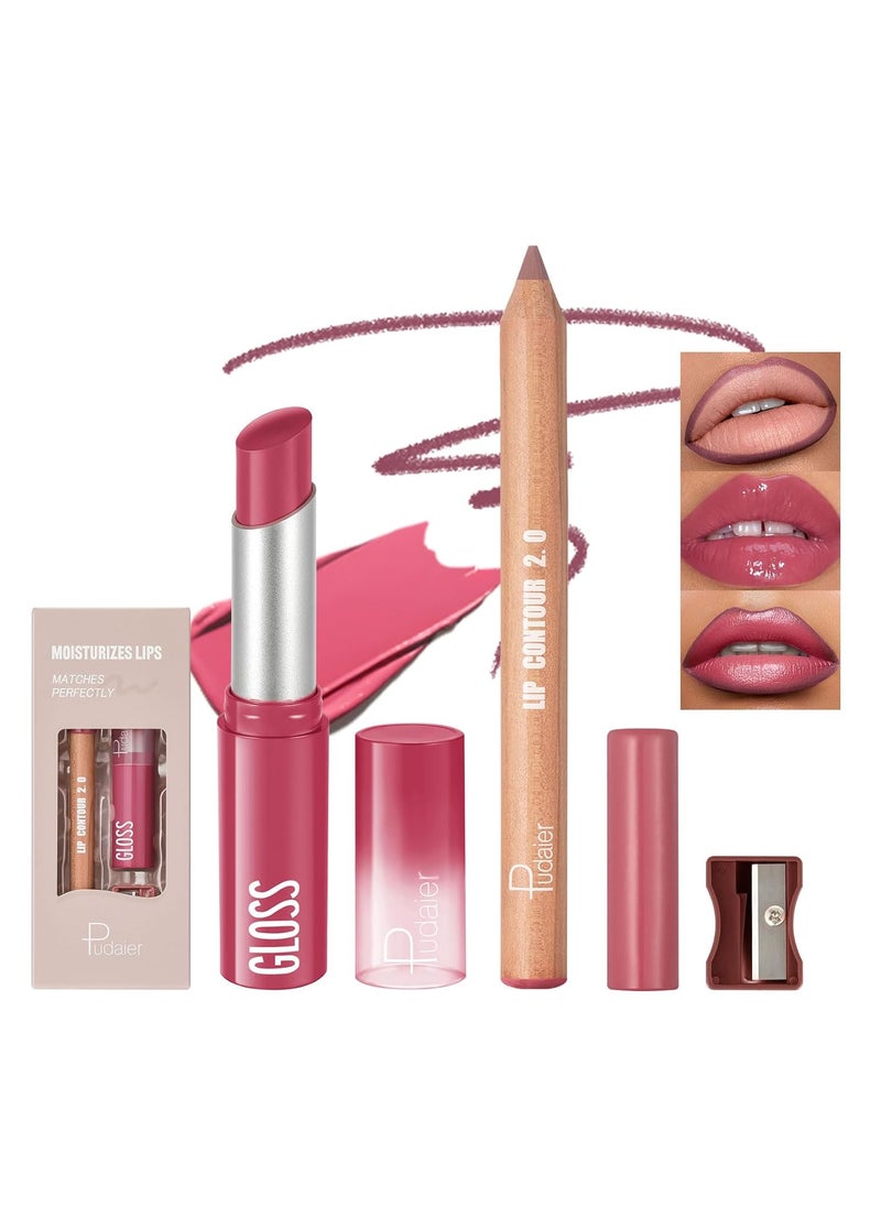 2Pcs Lip Liner and Lipstick Combo Highly Pigmented Lip Liner and Lipstick Set for women Long Lasting Matte Lip Pencil and Hydrating Lip Balm Lip Gloss Makeup Kits with Sharpener