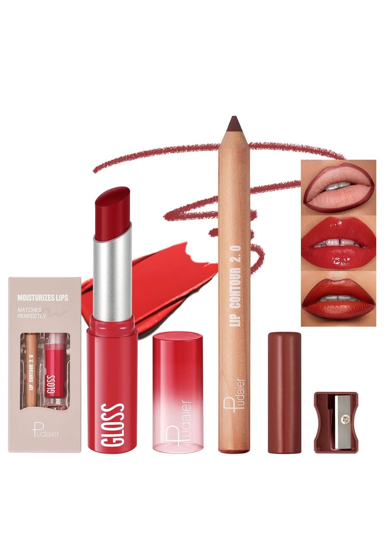 2Pcs Lip Liner and Lipstick Combo Highly Pigmented Lip Liner and Lipstick Set for women Long Lasting Matte Lip Pencil and Hydrating Lip Balm Lip Gloss Makeup Kits with Sharpener