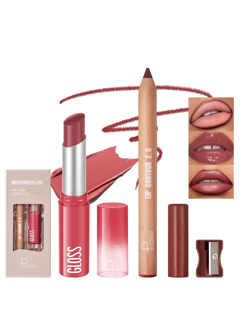 2Pcs Lip Liner and Lipstick Combo Highly Pigmented Lip Liner and Lipstick Set for women Long Lasting Matte Lip Pencil and Hydrating Lip Balm Lip Gloss Makeup Kits with Sharpener